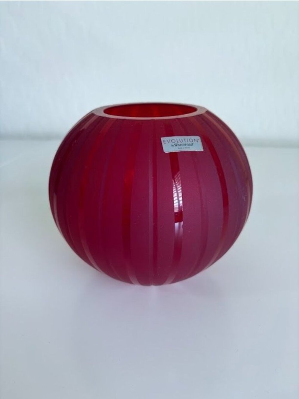Evolution By Waterford Red Frosted Glass Vase 6" Tall 6" Diameter Striped Design